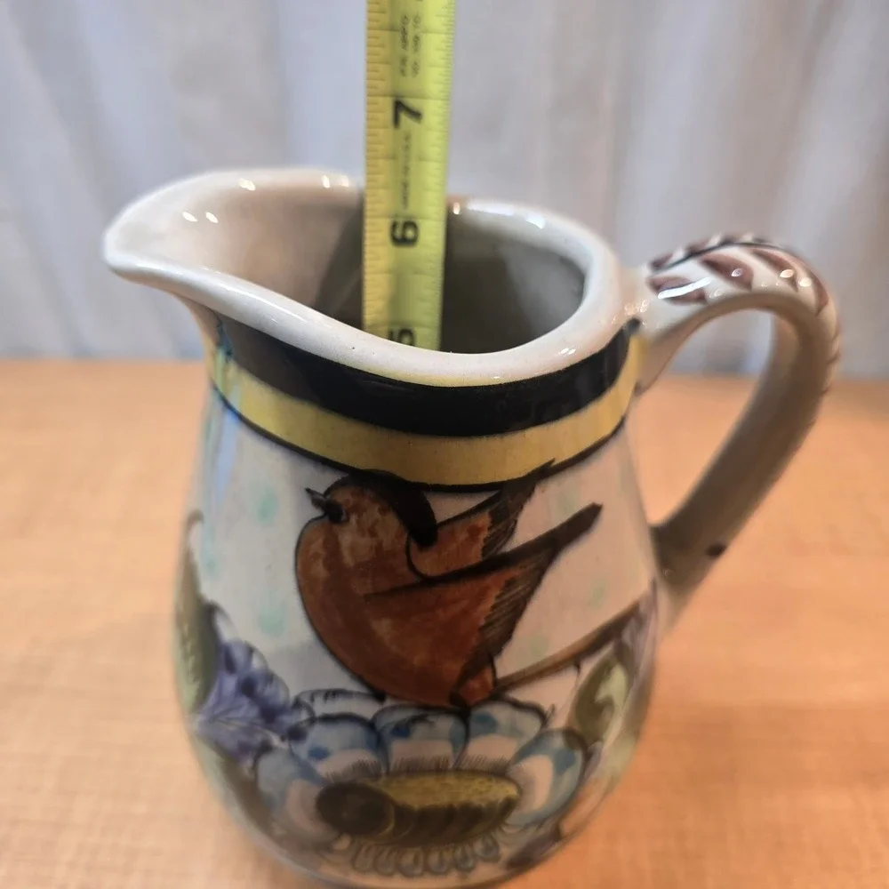 Vintage Tonala Mexican Pottery Pitcher Floral Birds Hand-Painted 6.5